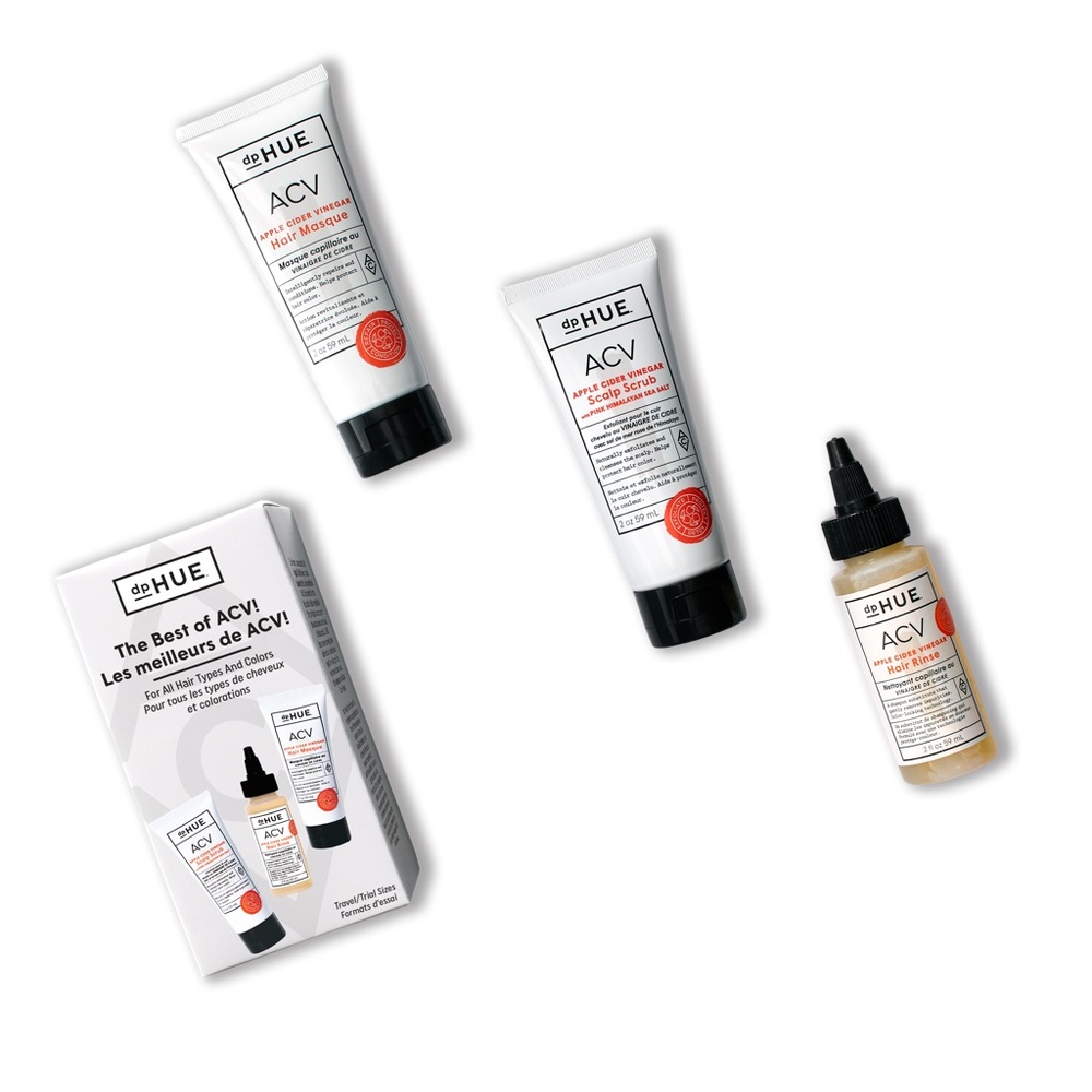 dp HUE THE BEST OF ACV! Hair Care Kit 3-Pcs Scrub, Rinse+Masque NEW/SEALED BOX!